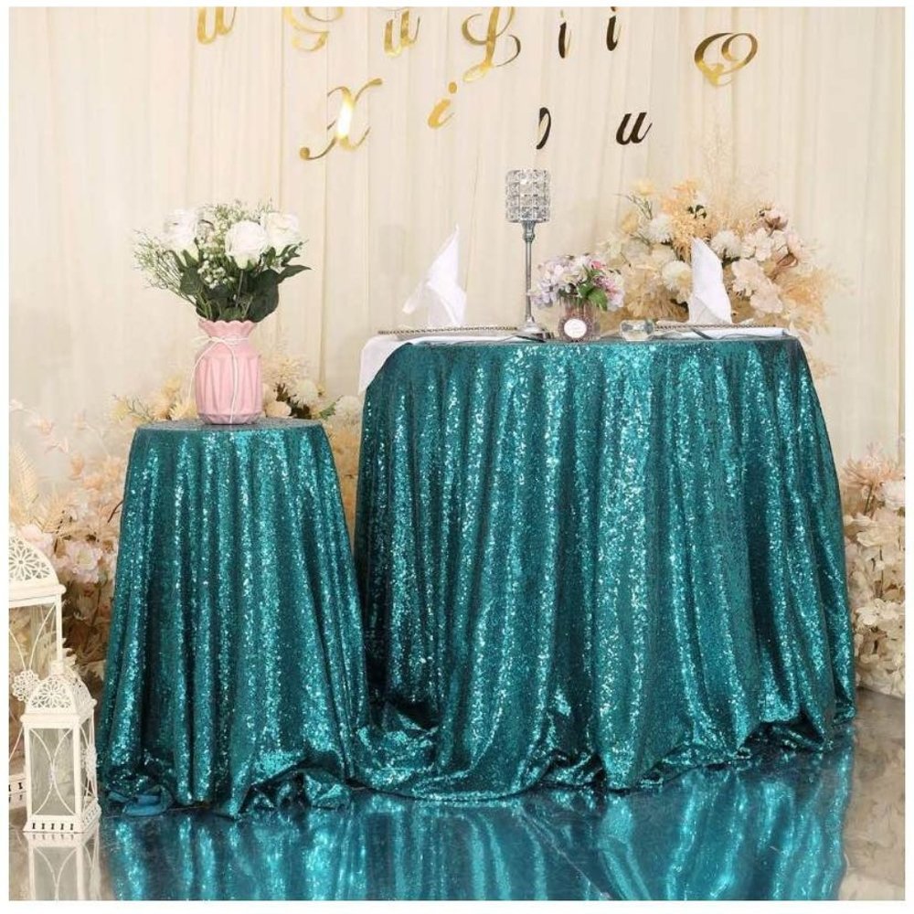 Green 72" Round Teal Sequin Tablecloth Wedding Dining Linen - New